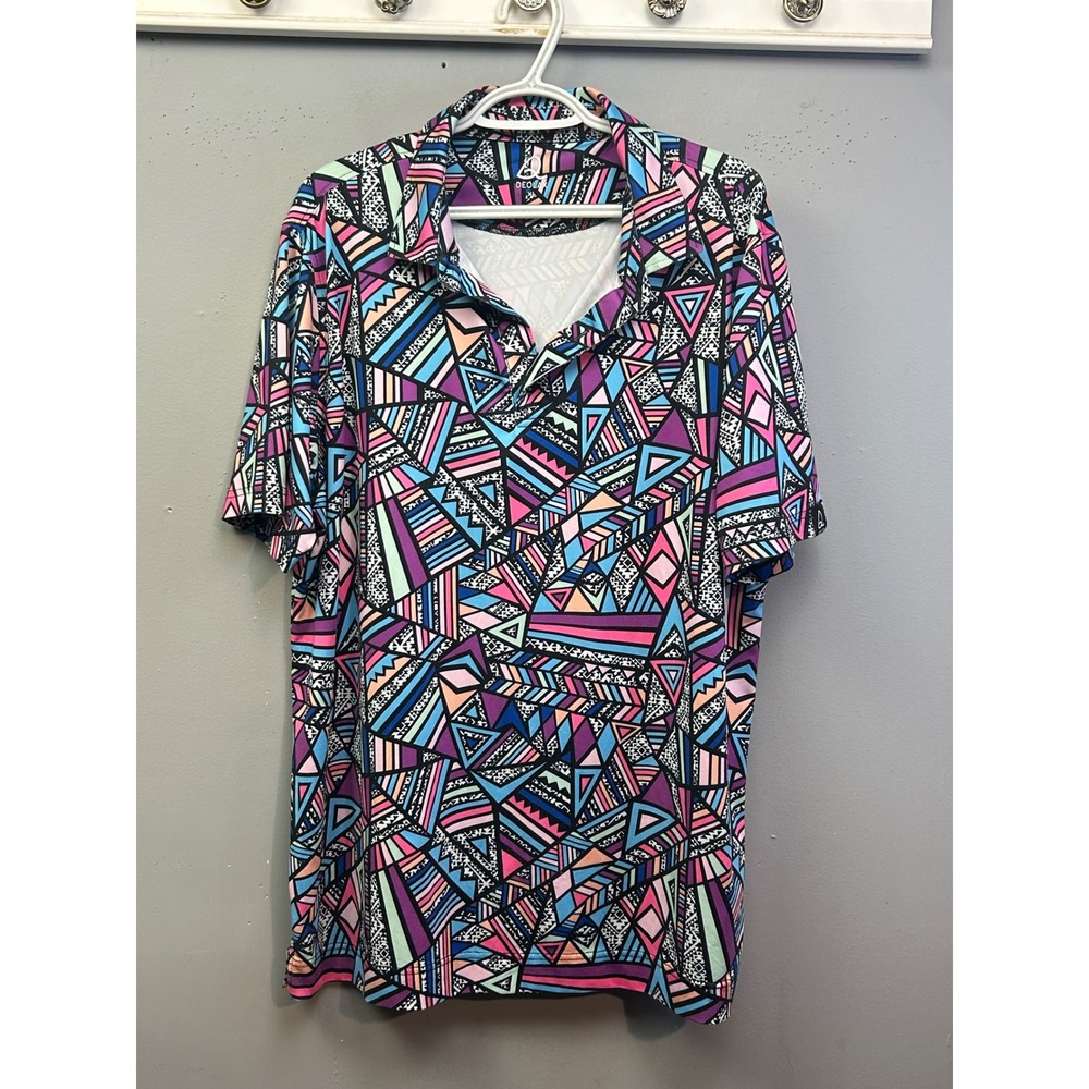 DEOLAX Polo Shirt Mens XL Multicolor Geometric Tribal Print Short Sleeve Stretch